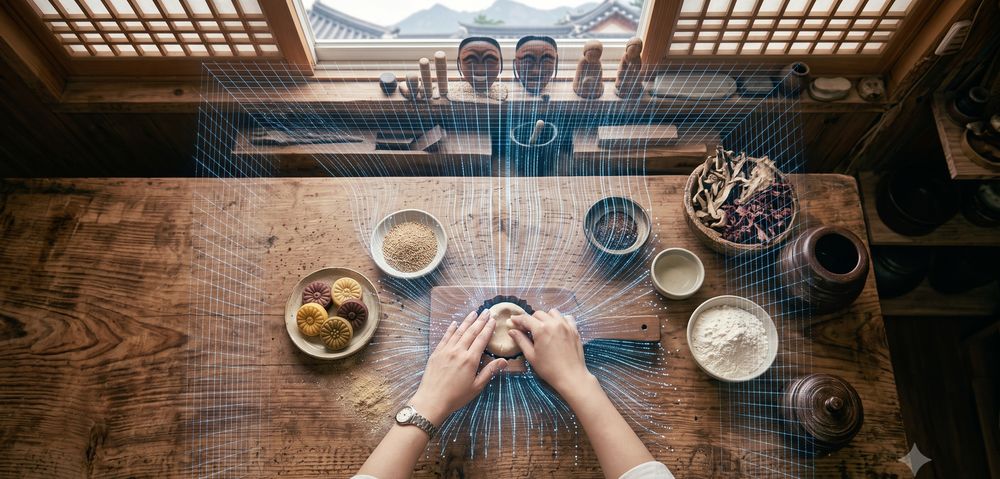 위에서 내려다본 작업대 — 반죽하는 두 손을 중심으로 빛의 격자가 모여드는 장면(AI 연출 이미지)