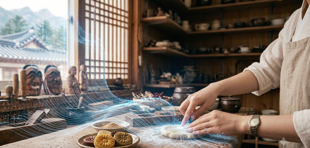 한옥 작업실에서 반죽을 누르는 손끝을 따라 움직임의 궤적이 빛의 선으로 기록되는 장면(AI 연출 이미지)